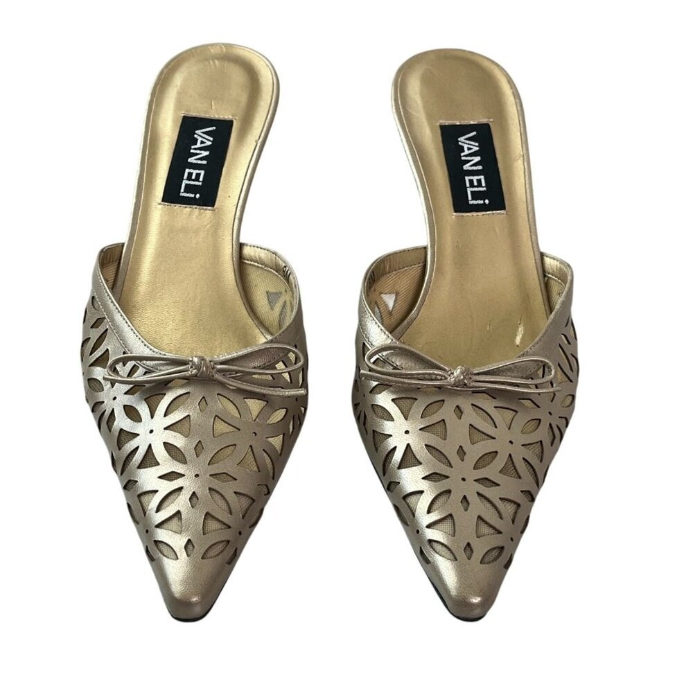VAN ELi Gold Leather Kitten Heel Mules Size 8 Pointed Toe Slip On Italy - Picture 4 of 10